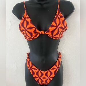 Skatie Orange & Black Tie-Front Geometric Bikini